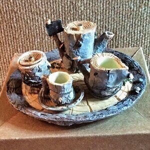 Miniature Polyresin Birch Log Tea Set on Wood Slice Tray Fairy Garden Decor